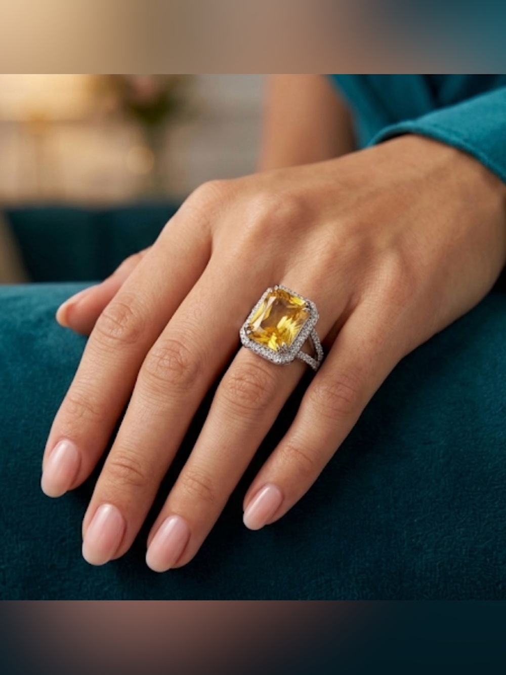 Large Citrine-Color Emerald-Cut Halo Ring – Sterling Silver 925 – Size 7.5